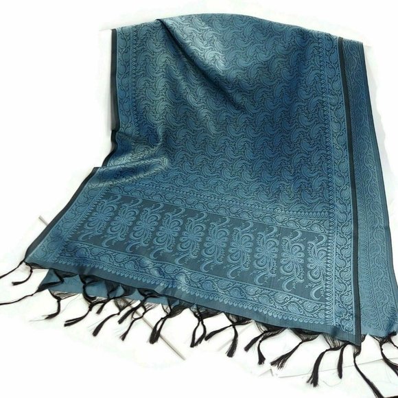 Women Winter Shawl Wrap Scarf Neckwear Blue Silk Holidays Gift For Her - Picture 5 of 6